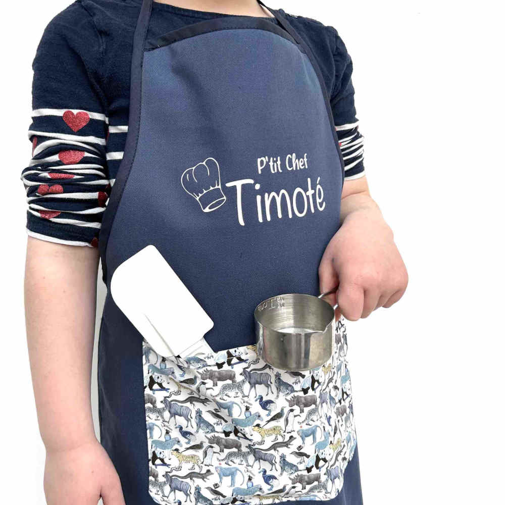 Tablier de cuisine enfant réversible coton bleu marine et bleu